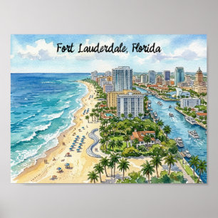 Póster Ilustración en Acuarela de Fort Lauderdale Florida