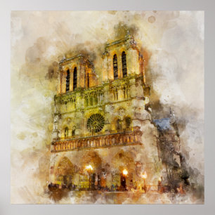 Póster Ilustración en acuarela de la Catedral de Notre Da