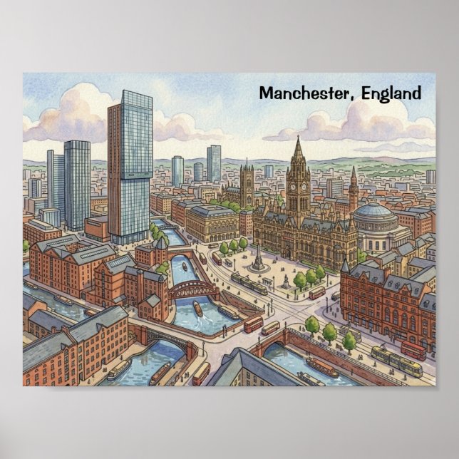 Póster Ilustración en acuarela de Mánchester Inglaterra (Frente)