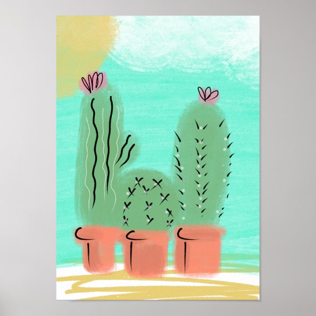 Póster Ilustración escénica de cactus en macetas al sol (Frente)