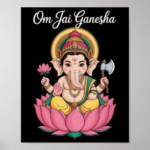 Póster Ilustración Espiritual de Ganesha Loto Om Jai Dici