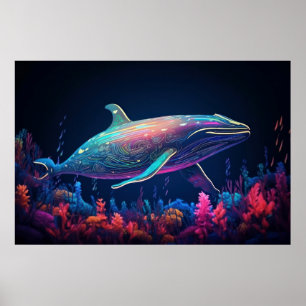 Póster Ilustracion estético de ballenas de neón