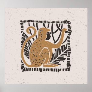 Póster Ilustracion estilizado de Linocut de mono