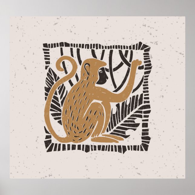 Póster Ilustracion estilizado de Linocut de mono (Frente)