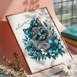 Póster Ilustración Floral Azul Turquesa de Gato Gris con 