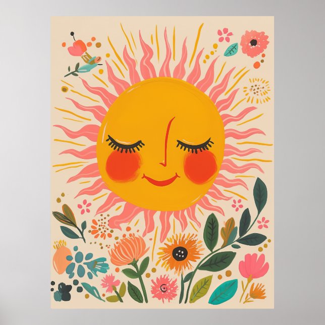 Póster Ilustración floral boho de sol día soleado lindo (Frente)