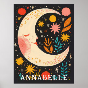 Póster Ilustración Floral Boho Noche de Luna Nombre