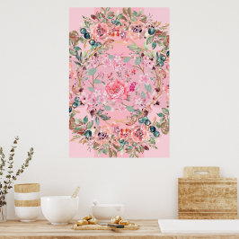 Póster Ilustración floral, corona floral rosa