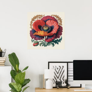 Póster Ilustración floral de amapola vintage ornamentada