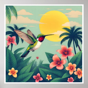 Póster Ilustración floral de colibrí de garganta rubí