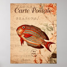 Ilustracion floral de pescado rojo vintage