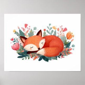 Póster Ilustración floral de zorro dormido linda