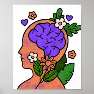 Póster Ilustración floral del cerebro de mente botánica