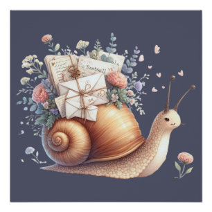 Póster Ilustración Floral Pastel de Correo de Caracol Ado