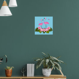 Póster Ilustración floral tropical de flamencos rosados
