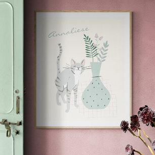 Póster Ilustración Floral Turquesa de Gato Gris con Estil