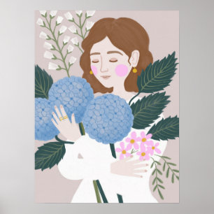 Póster Ilustracion floral verde azul bonito