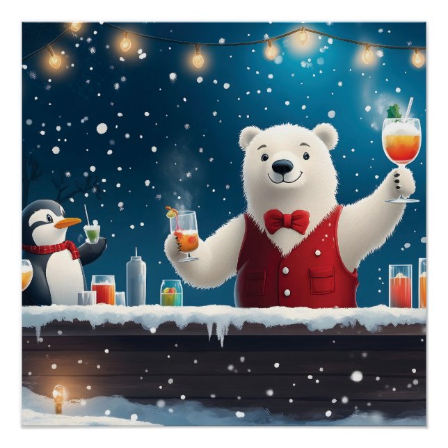 Póster Ilustracion Fun Festivo Polar Bear Bartender (Anverso)