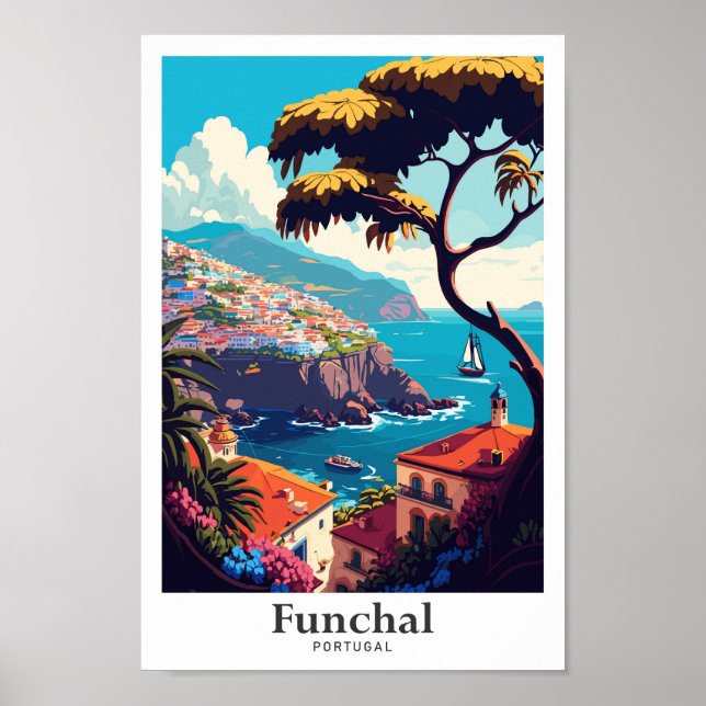 Póster Ilustracion Funchal Portugal Viaje Vintage (Frente)
