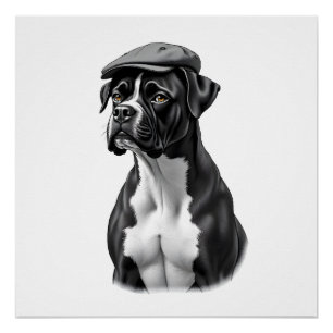 Póster Ilustración Gráfica Monocroma de Boxer Antiguo con