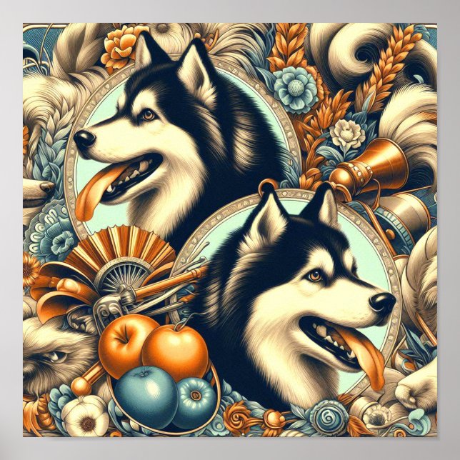 Póster Ilustracion Husky retro siberiano (Frente)