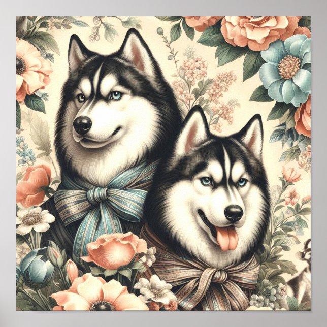 Póster Ilustracion Husky Siberiano Vintage (Frente)