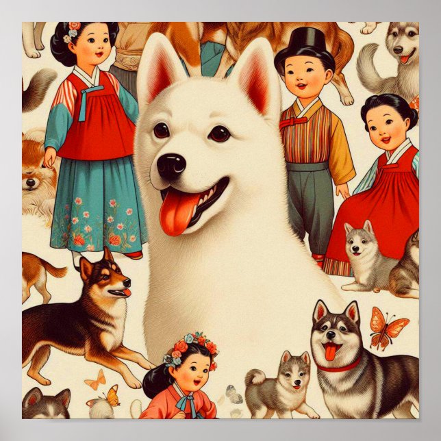 Póster Ilustracion Jindo coreano vintage (Frente)