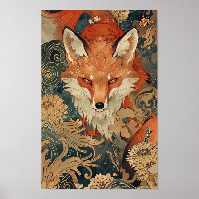 Póster Ilustracion kitsch japonés de Fox en estilo mucha  (Frente)