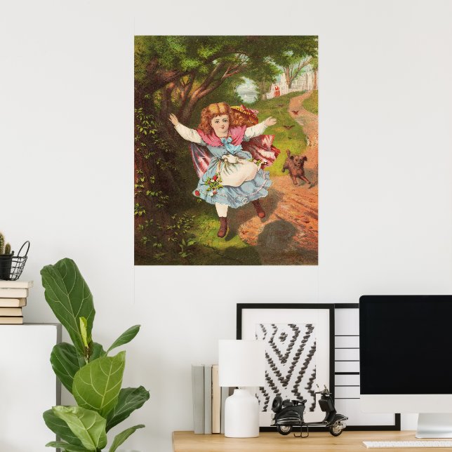 Póster Ilustración litográfica de niña y perro retro (Oficina en casa)
