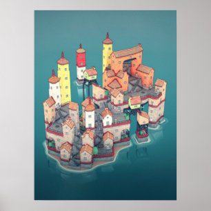 Póster Ilustracion medieval de Fantasy Fortress Island To