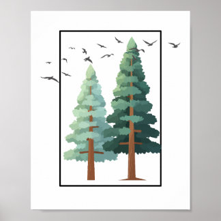 Póster Ilustración minimalista de árboles de bosque de pi