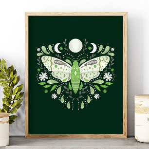 Póster Ilustración moderna de polilla abstracta verde y b