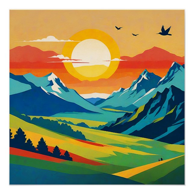 Póster Ilustracion natural del paisaje montañoso retro (Anverso)