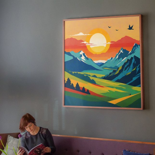 Póster Ilustracion natural del paisaje montañoso retro (Vibrant Mountain Morning with Rising Sun Poster)