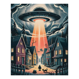Póster Ilustración nocturna de abducción OVNI en la calle