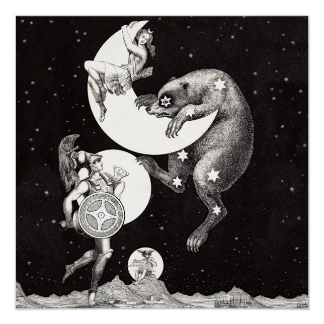 Póster Ilustracion nocturno del cielo celeste de la luna (Anverso)