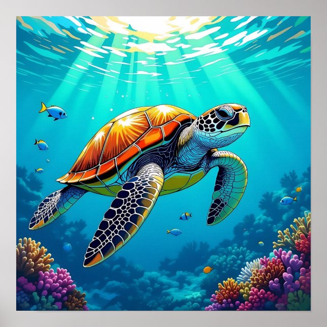 Póster Ilustracion Océano vibrante de tortuga marina (Frente)