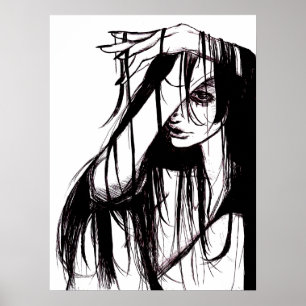 Póster Ilustración oscura de mujer con tinta gótica origi