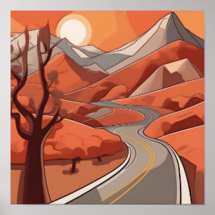Póster Ilustracion Paisaje de montaña Retro de color past