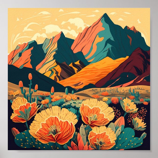 Póster Ilustracion paisajístico de las montañas Retro (Frente)