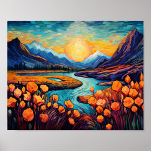 Póster Ilustracion paisajístico de las montañas Retro