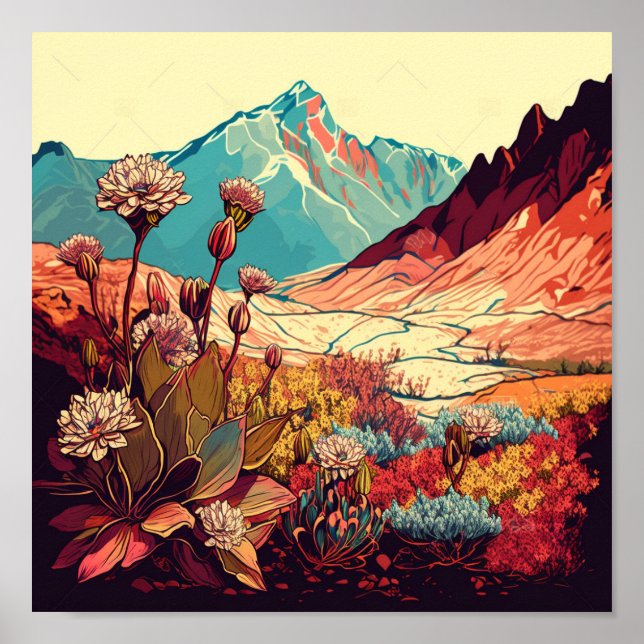 Póster Ilustracion paisajístico de las montañas Retro (Frente)