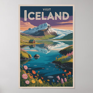 Póster Ilustración pintoresca de viaje vintage de Islandi