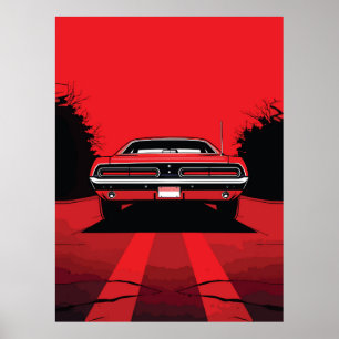 Póster Ilustración Pop Art trasera de Muscle Car rojo ret