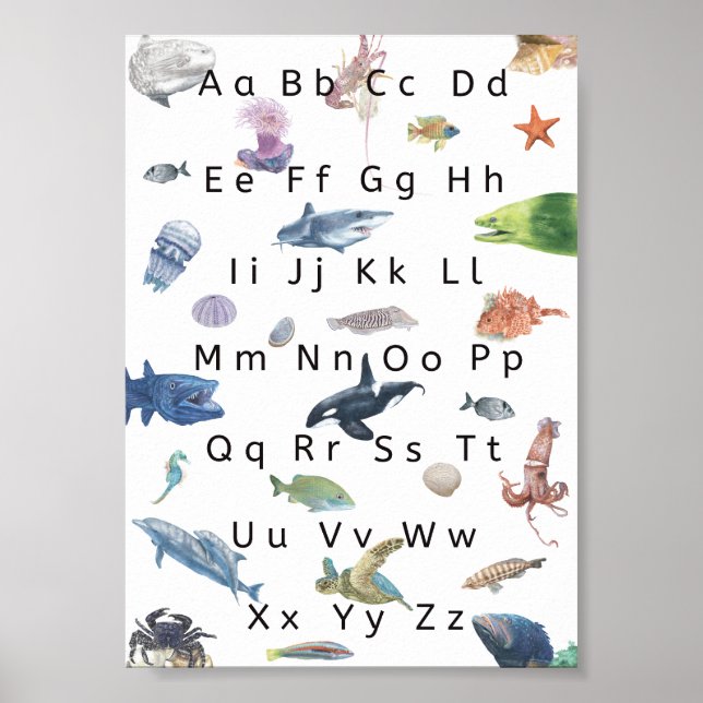 Póster Ilustracion Poster Alphabet Infantil, Aqua Life. (Frente)