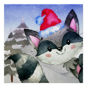 Póster Ilustracion Racoon de Winter Forest Woodland Frien