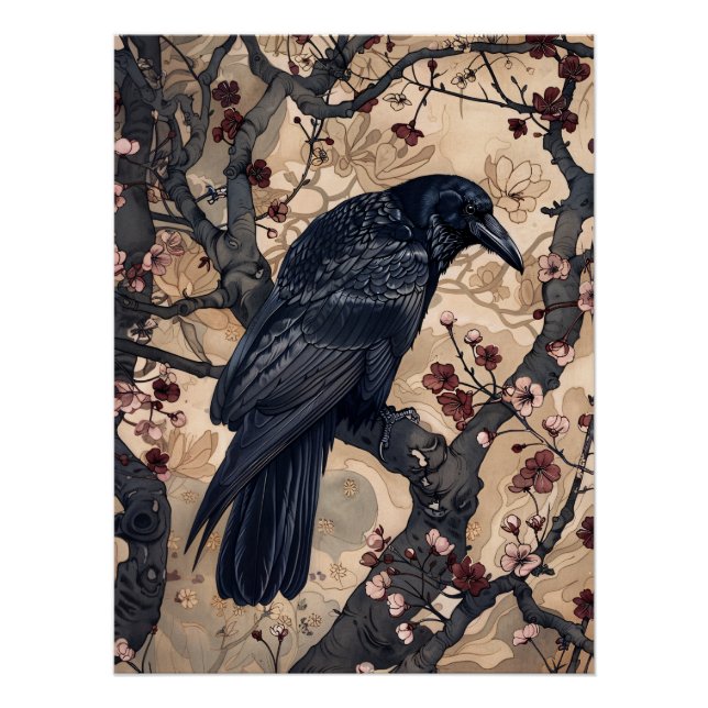 Póster Ilustracion Raven and Cherry Blossoms (Anverso)