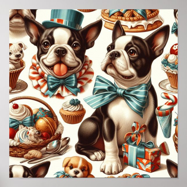 Póster Ilustracion Retro Cute Boston Terrier (Frente)