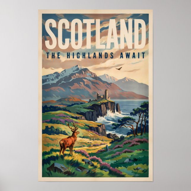 Póster Ilustración retro de ciervos de las Tierras Altas  (Frente)