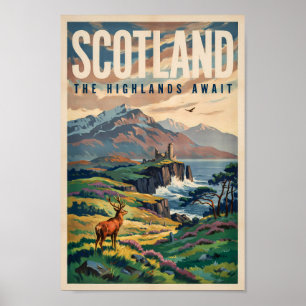 Póster Ilustración retro de ciervos de las Tierras Altas 